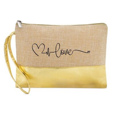 Pochette à maquillage en jute doré pour saint valentin love coeur
