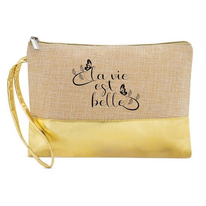 Goldfarbener Jute-Make-up-Beutel mit Originaltext und Carpe-Diem-Katze