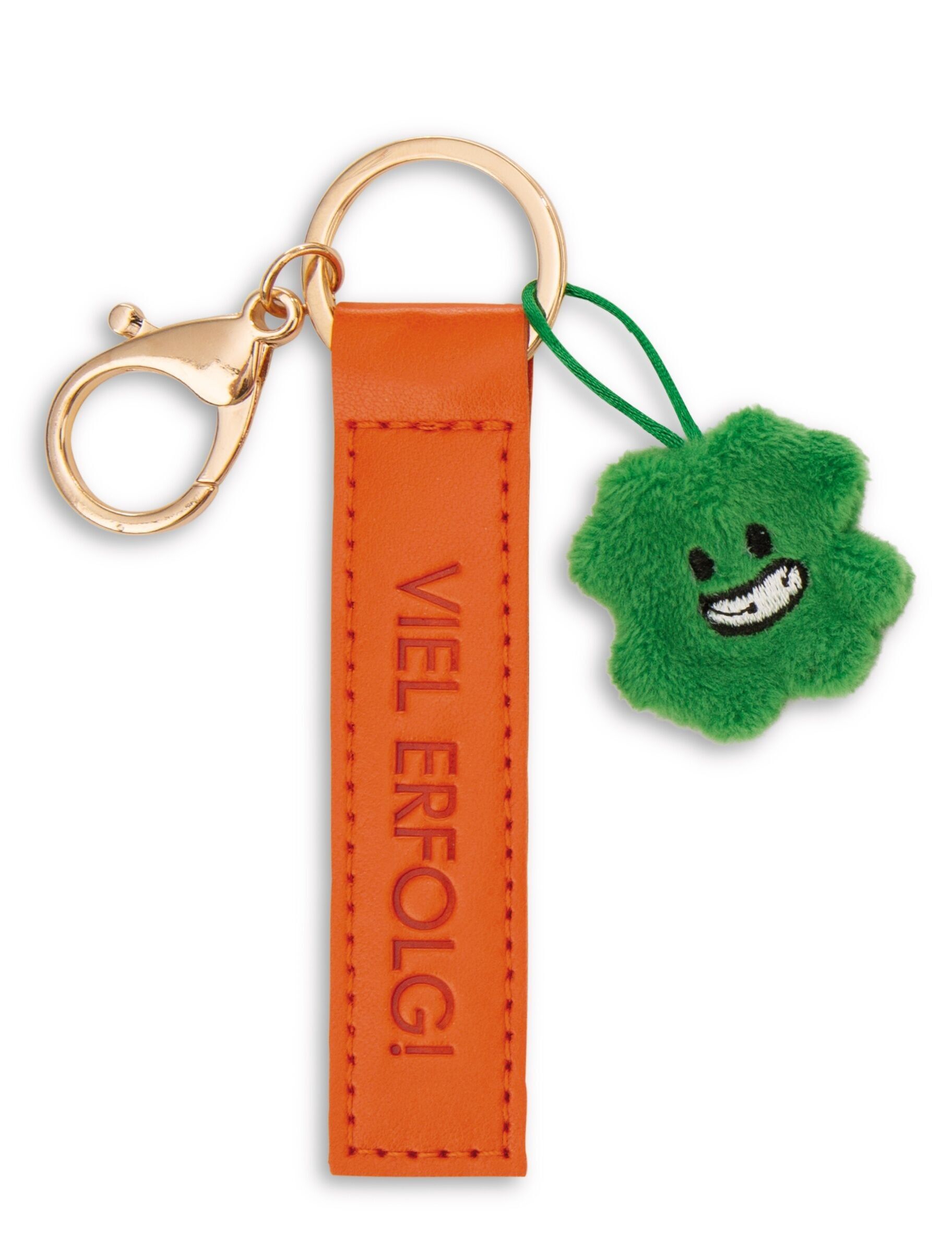 Portachiavi "Buona fortuna!"Cinturino in pelle artificiale arancione 10 cm m. Foglia di trifoglio sulla carta di intestazione