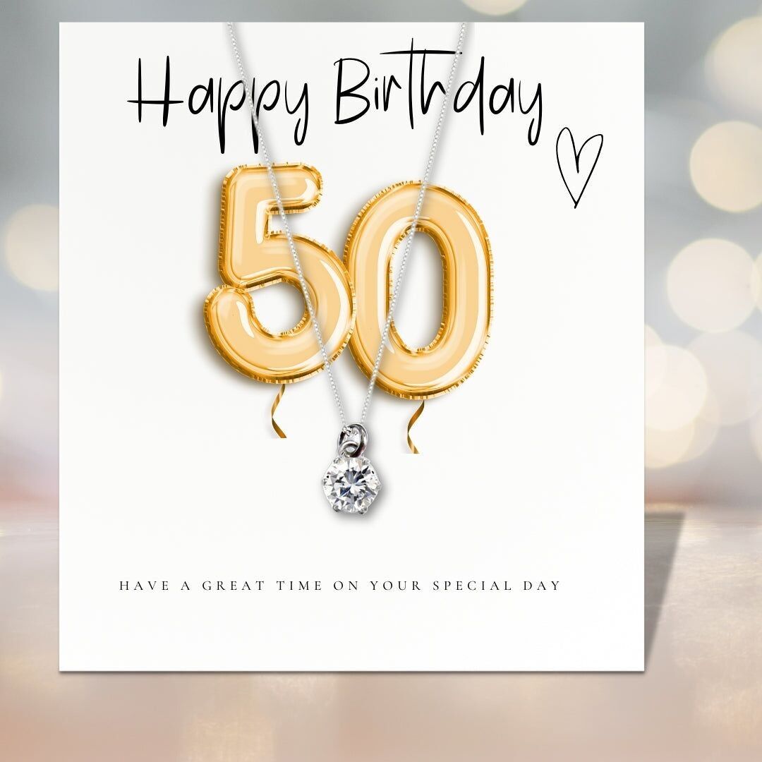 Collana in argento con zirconi cubici per il 50° compleanno e carta regalo con palloncini dorati