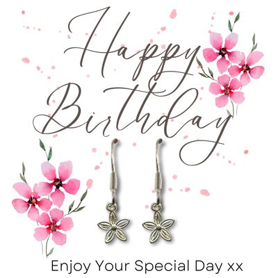 Tarjeta de regalo con flores rosas y pendientes colgantes con forma de dalia para feliz cumpleaños