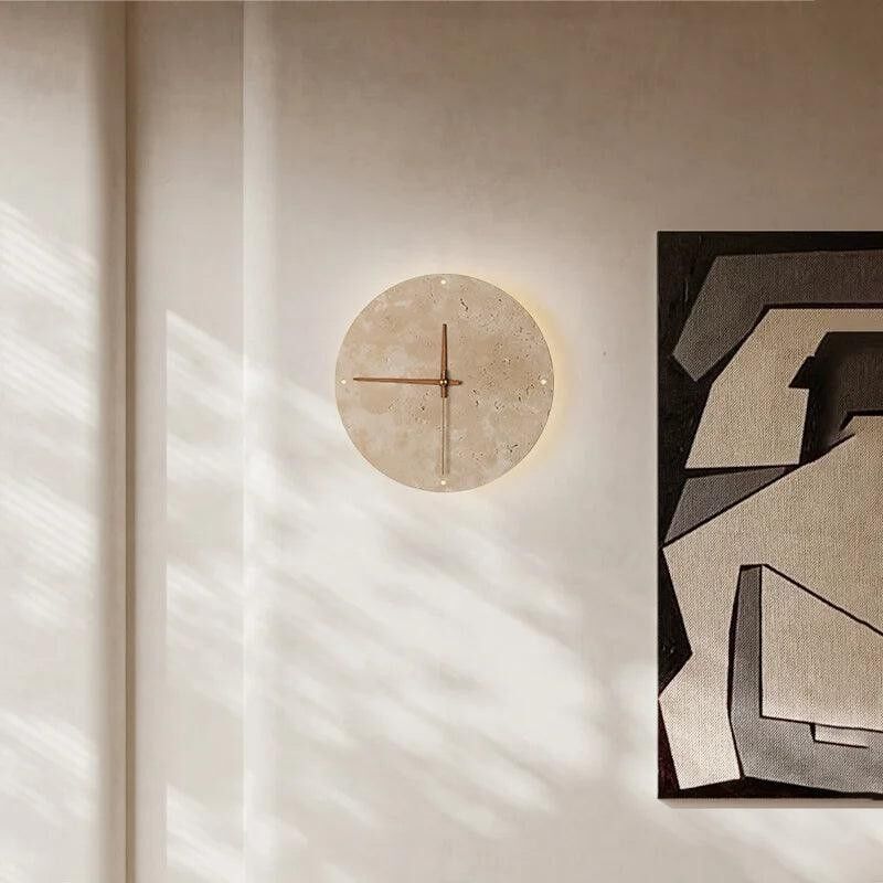 Travertine Marble Wall Decor Clock with LED Light │ Modern Minimal Natural Stone Decorative Clock