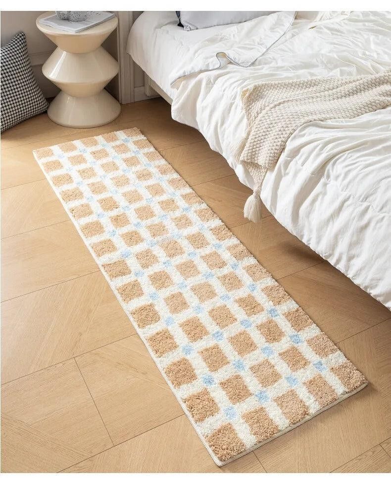 Alfombra copetuda de dormitorio a cuadros azul cielo beige │ Alfombra de piso de baño esponjosa antideslizante con patrón de tablero de ajedrez