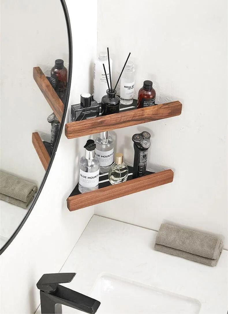 Walnut Wood Wall Mounted Corner Storage Rack (Black/White)│ Modern Bathroom Triangle Organizer Shelf Shelves