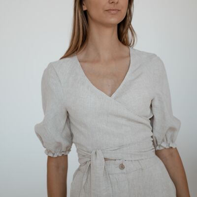 Blusa avvolgente in lino CW019 in MELANGE NATURALE