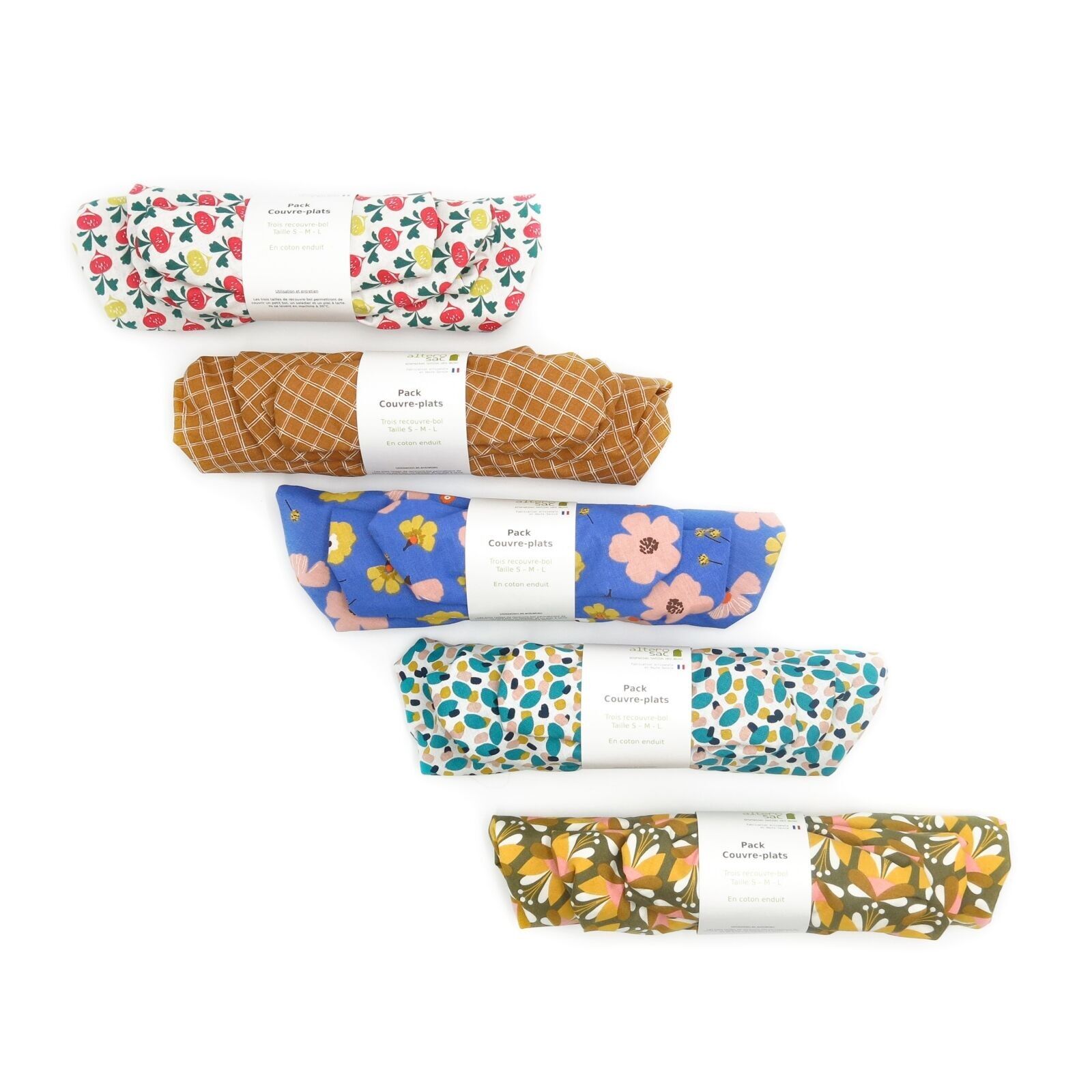 Lot de 3 recouvre bols / charlotte alimentaire en coton enduit