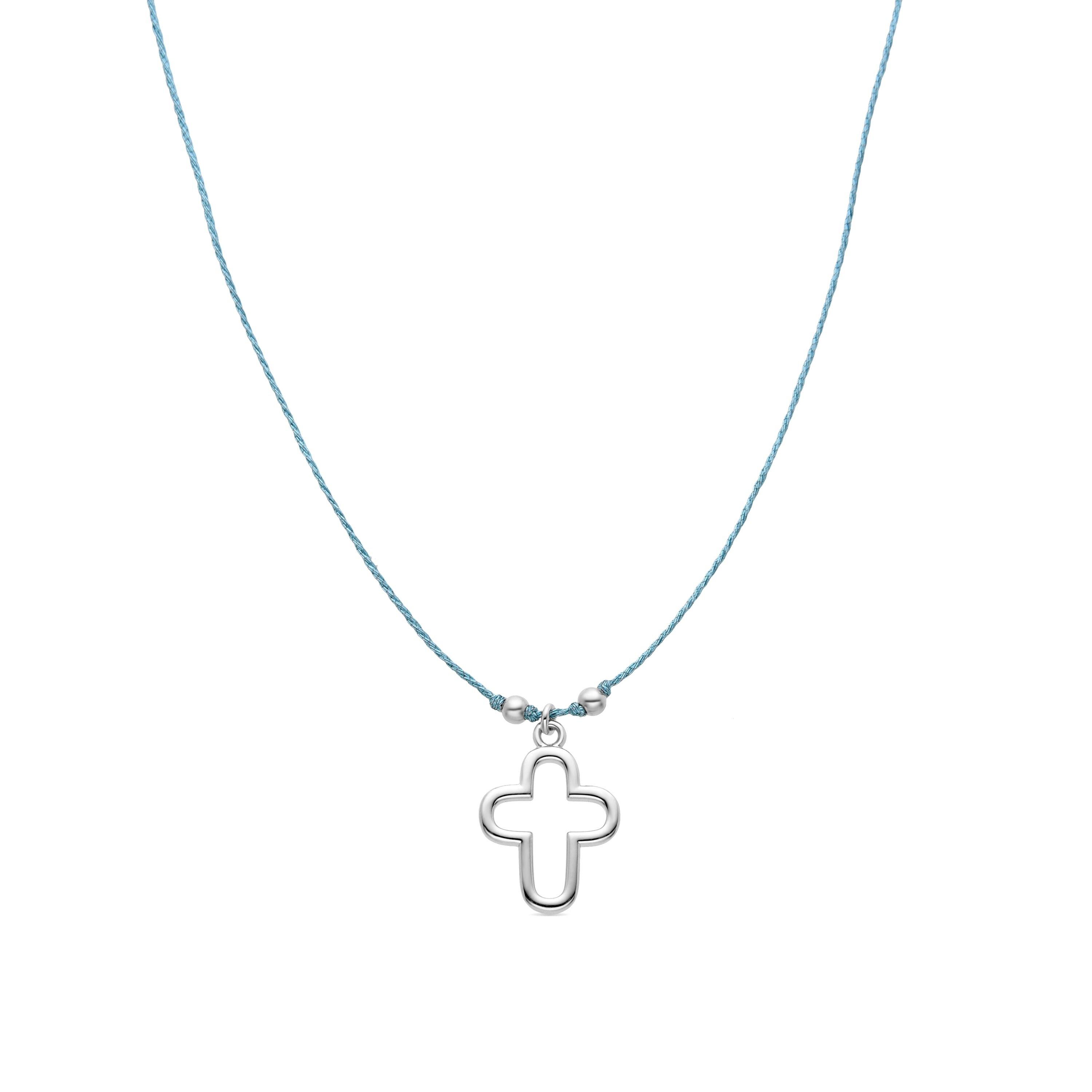 Collana Luxenter in Argento Sterling 925 e Cotone Azzurro Chiaro rifinita in Oro Giallo 18k - Croce