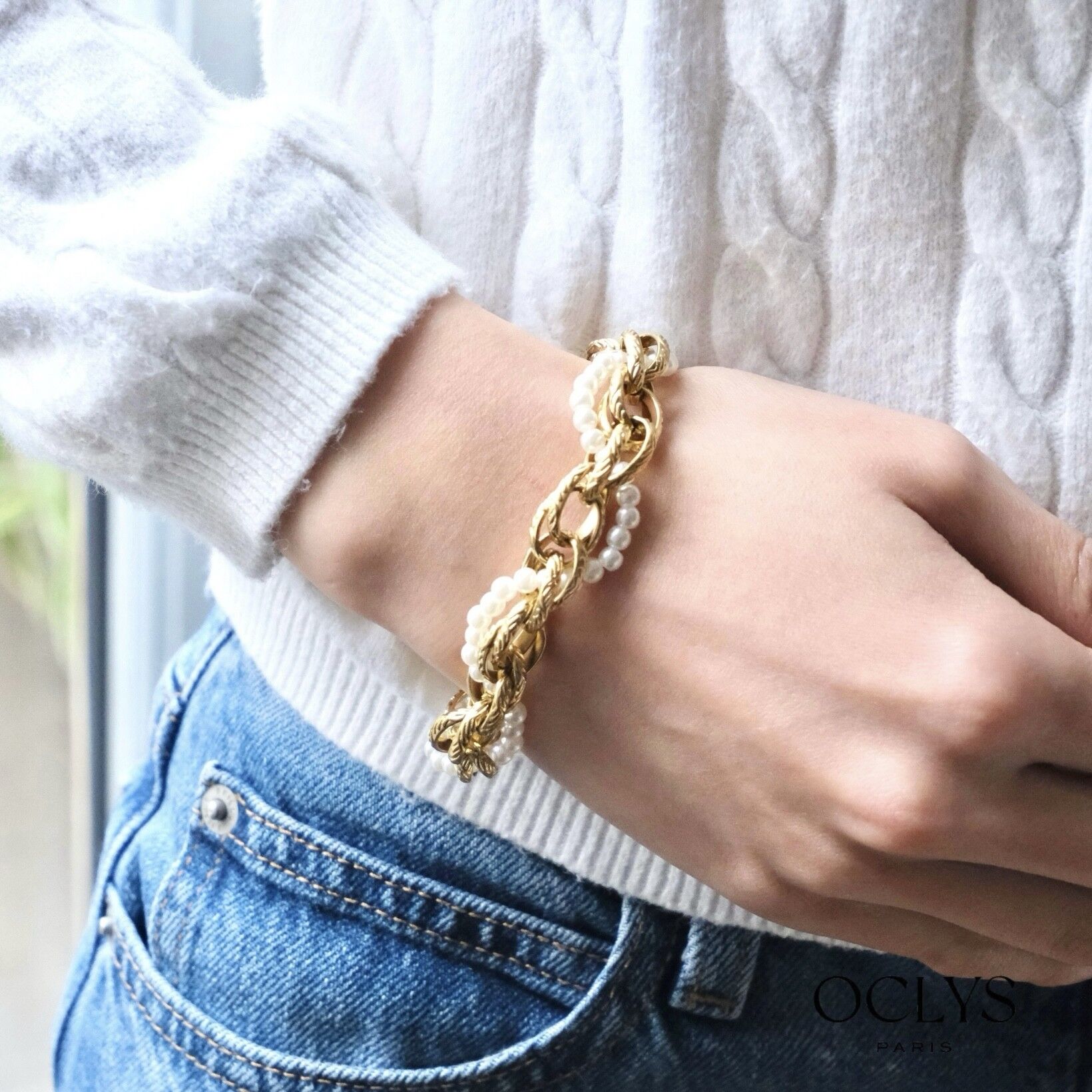 Bracciale Anna con doppia perla e catena in acciaio inossidabile