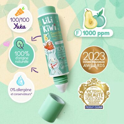 Pasta dental orgánica con flúor de manzana y pera – Ingredientes 100 % naturales – Sin alérgenos, conservantes ni colorantes – Anticaries (3-12 años)