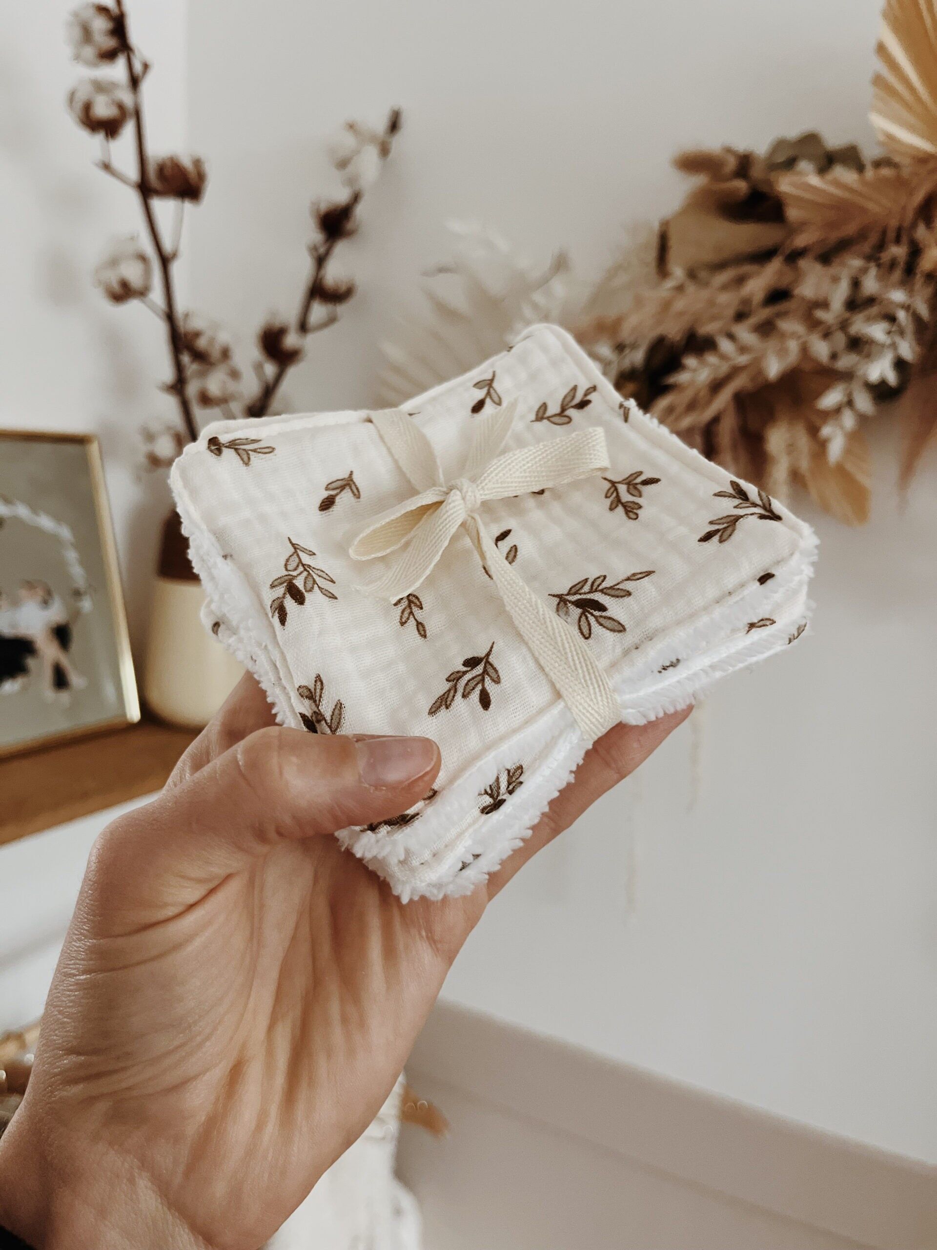 5 carrés de coton lavables Feuilles naturelles