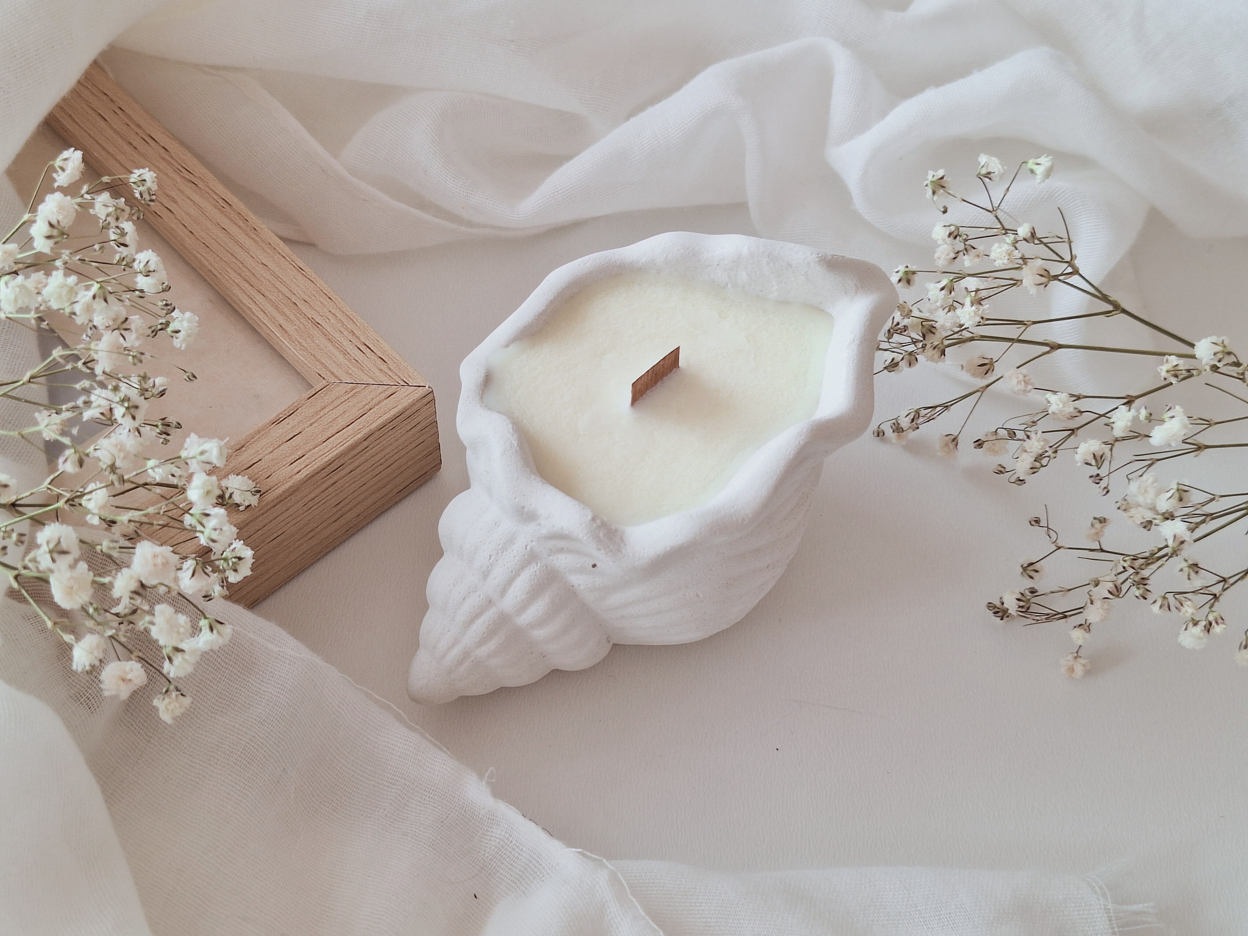 Candela di soia in un barattolo di cemento con lumaca arancione dolce e salvia