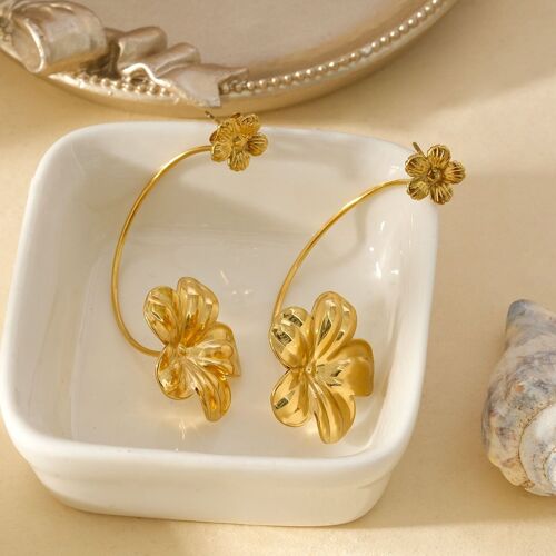 Boucles d'Oreilles Dorées Double Fleur Ligne sur Fermoir