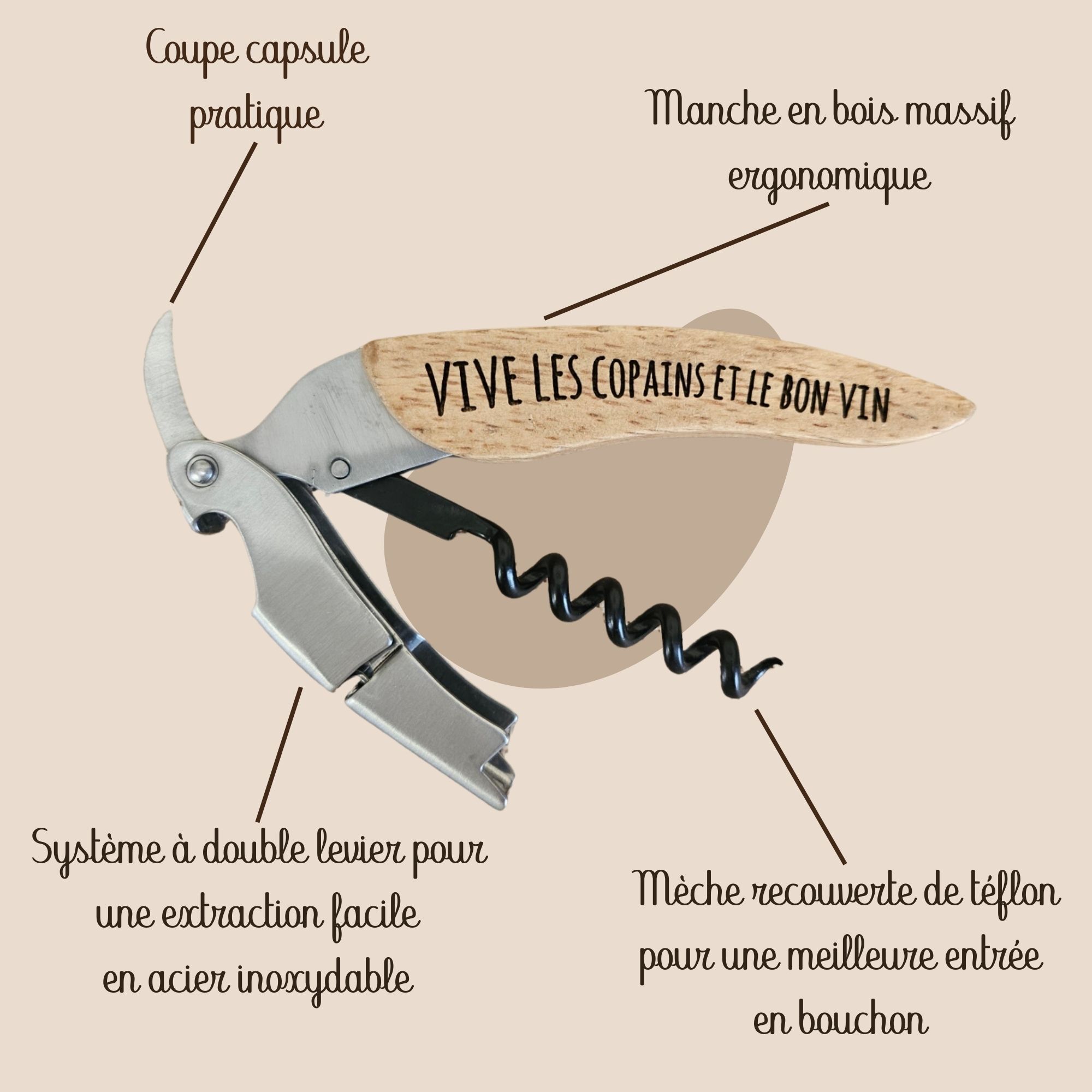 Tire-bouchon limonadier personnalisé "Vive les copains et le bon vin"