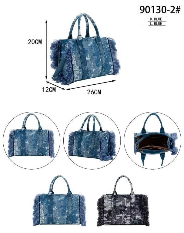Borsa in denim di cotone, chiusura con cerniera e frange laterali per donna