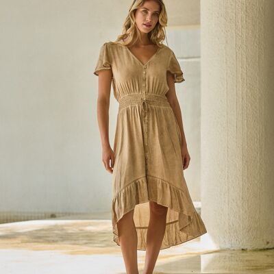 Vestido simétrico de estilo lavado, escote en pico y botones en la parte delantera.