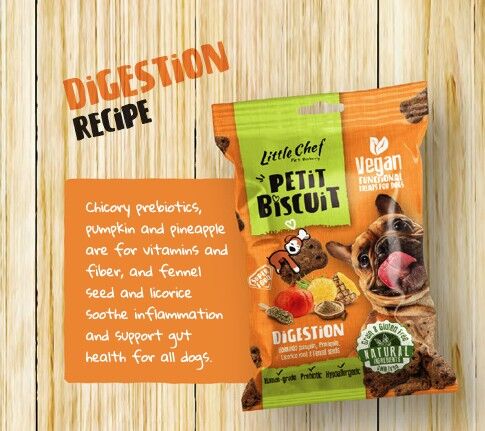 Snack para perros vegano y de calidad humana con prebióticos y suplementos para una mejor digestión.