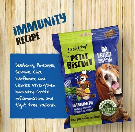 Snack para perros vegano y de calidad humana con prebióticos y suplementos para una mejor inmunidad.