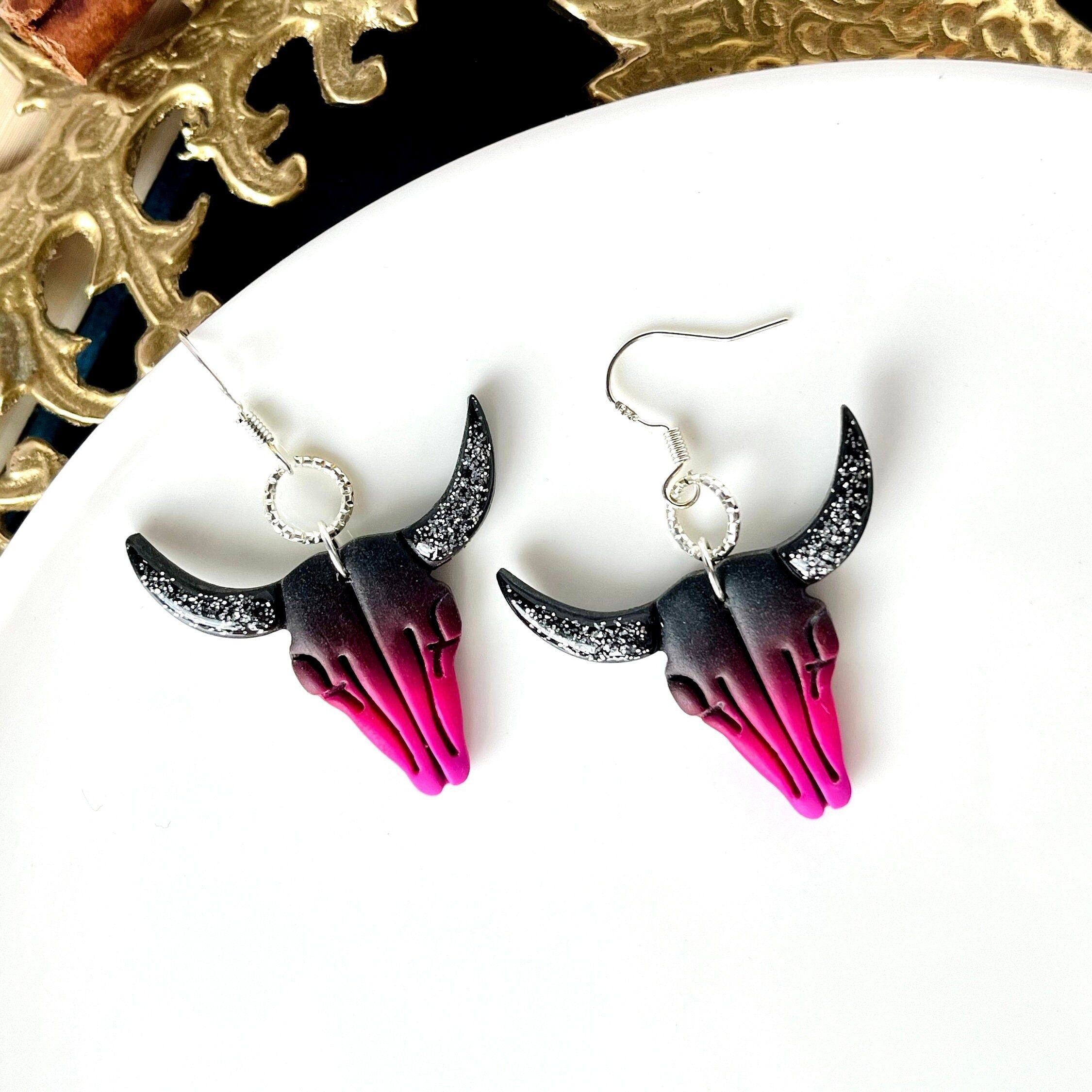 Boucles d'oreilles tête de mort western, bijoux en argile polymère, western et cowboys, far west, taureau, cadeaux pour chevaux, cadeaux western