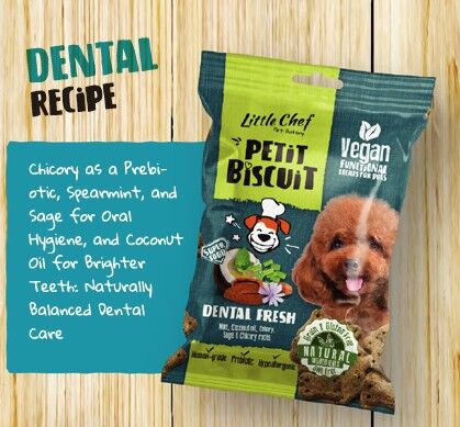 Snack para perros vegano y de calidad humana con prebióticos y suplementos para mantener los dientes frescos