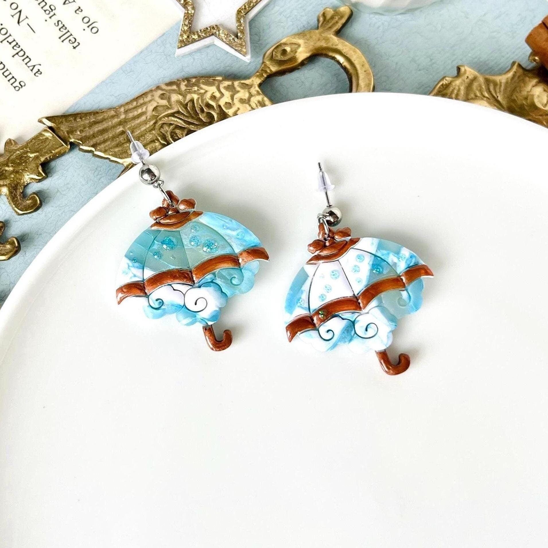 Regenschirm Ohrringe, Original Ton Schmuck, Polymer Clay Regenschirm, Regentropfen, Wetter Geschenke für Frauen