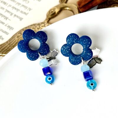 Blue Evil Eye Flowers, Clay Floral Jewelry, Amulet Earrings, Polymer Clay Earrings, Gifts for Mom, Original Floral Gifts, Protection