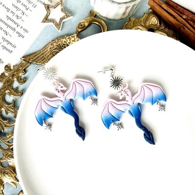 Big Dragon Earrings, Feathered Tail Dragon, Magical Creatures, Dragon with Stars, Dragon Lover Gifts, Big Dragon Jewelry, Dragon Gift