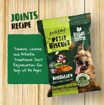 Snack para perros vegano y de calidad humana con prebióticos y suplementos para una mejor movilidad.