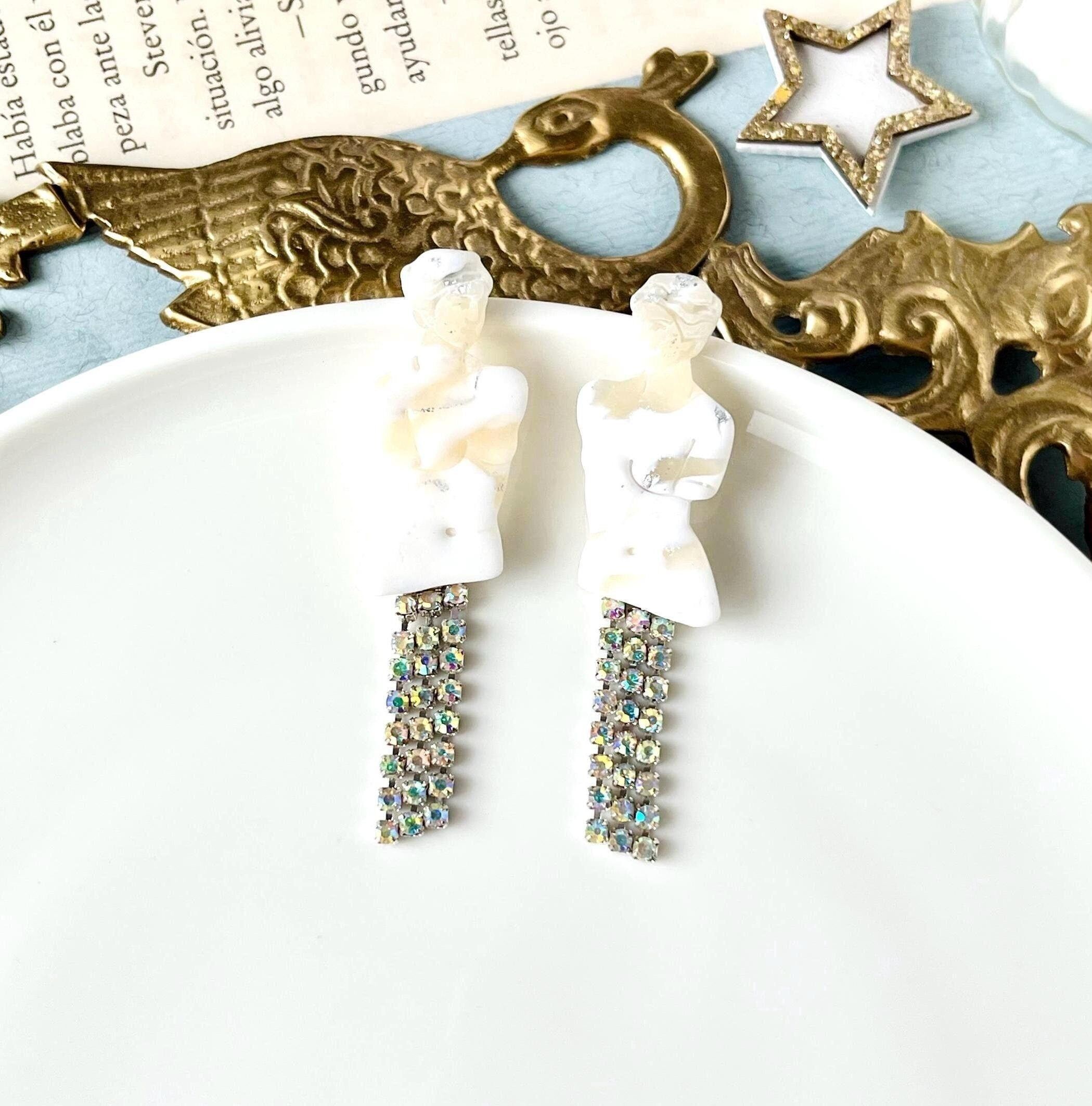Orecchini greci Afrodite, orecchini in argilla polimerica, acciaio inossidabile, strass, regali di mitologia greca per le donne, regali di strass