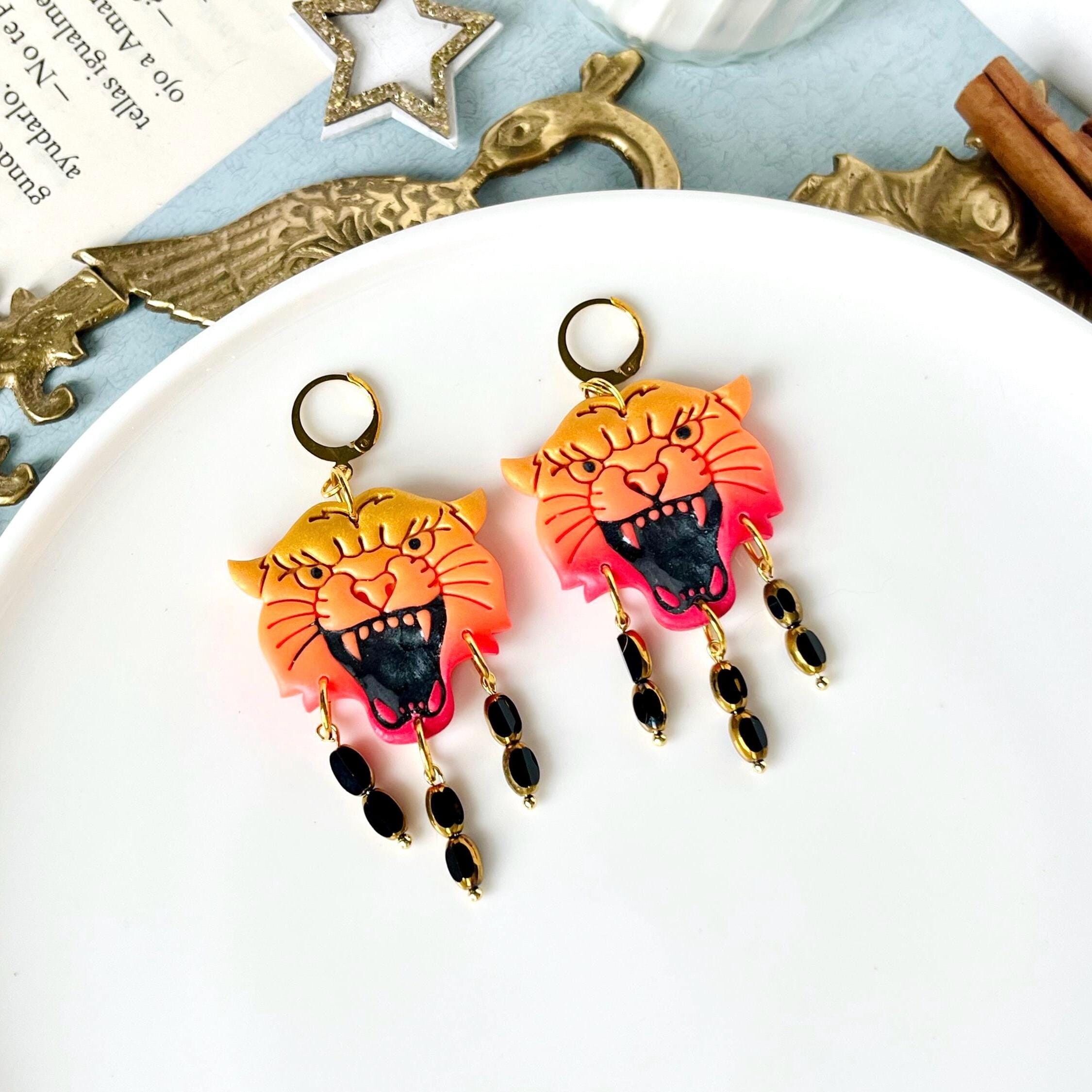 Tiger Earrings with Crystal Beads, Wild Animals, Safari Animals, Traditional Tattoo, Gifts for Feline Lovers