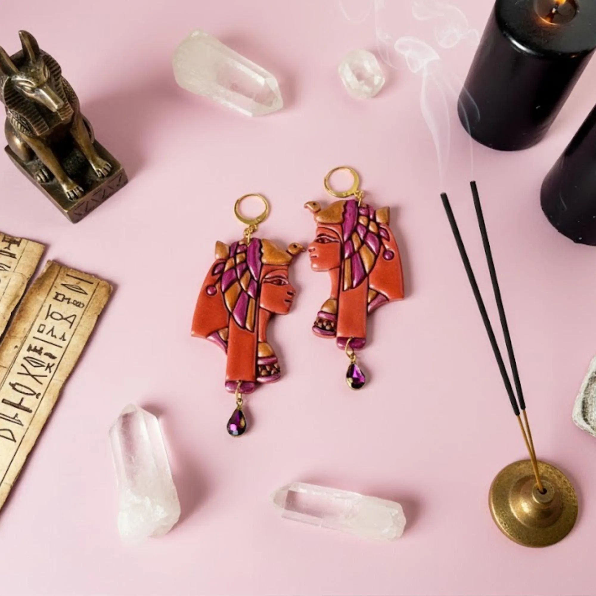 Orecchini egiziani Cleopatra realizzati in argilla polimerica, dipinti a mano