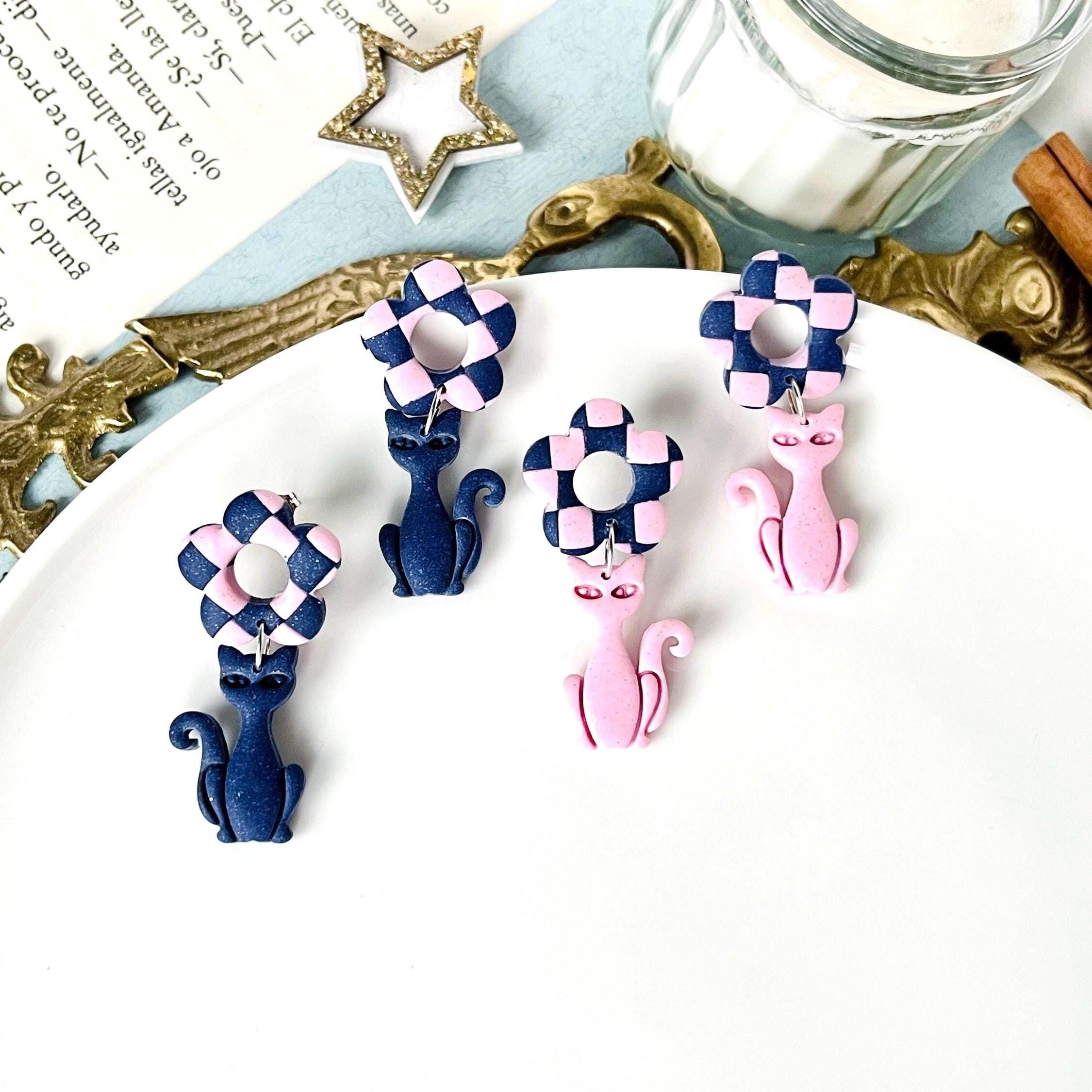 Orecchini in argilla polimerica a forma di gatto con fiori, gioielli in argilla polimerica colorati, orecchini quadrati, regalo dolce unico
