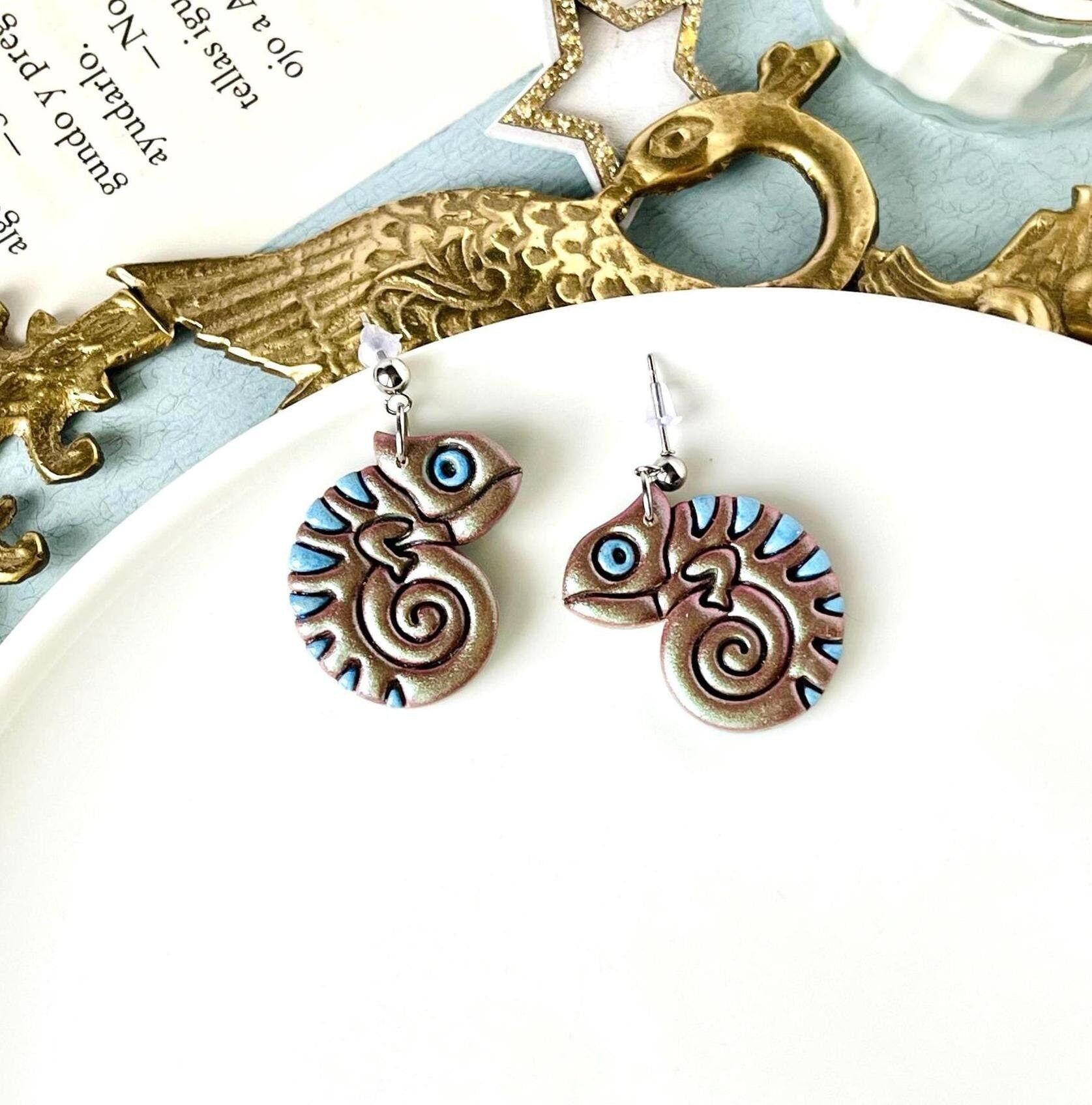 Orecchini Camaleonte, Orecchini in Argilla Polimerica, Gioielli in Argilla Olografica, Animali Tropicali, Orecchini in Argilla Unici