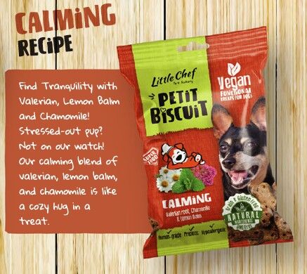 Snack para perros vegano y de calidad humana con prebióticos y suplementos para calmar el sistema digestivo.