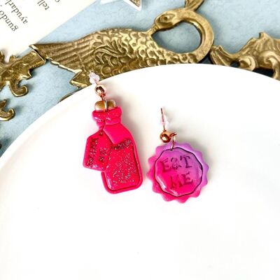 Drink Me, Eat Me, Clay Earrings, Alice in Wonderland, Unique Polymer Jewelry, Cookie Bottle, Clay Gifts Alice in Wonderland