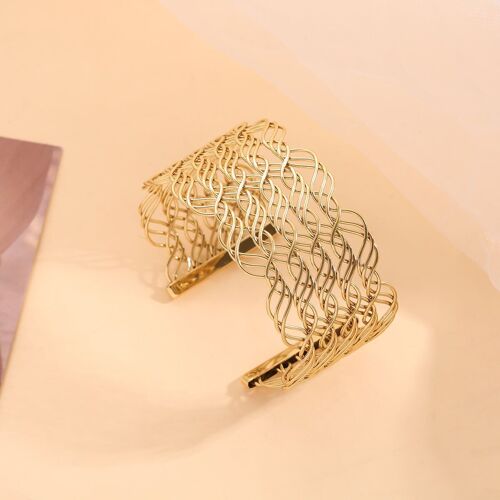 Bracelet Doré Manchette Ouverte Tressée Ondulée