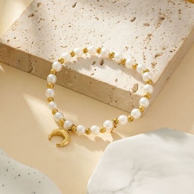 Pulsera Elástica de Perlas Blancas y Doradas con Colgante de Luna