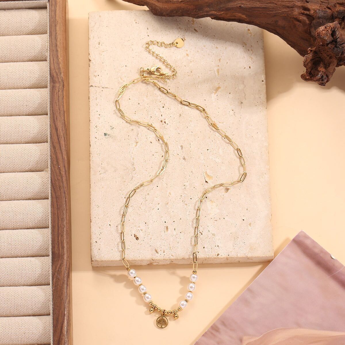 Fine Gold Link Chain Necklace With White Pearls And Tree Of Life Pendant