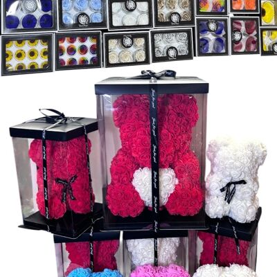 Pack 12 Stabilized Roses and 10 Teddy Bears 25cm + Teddy 40cm
