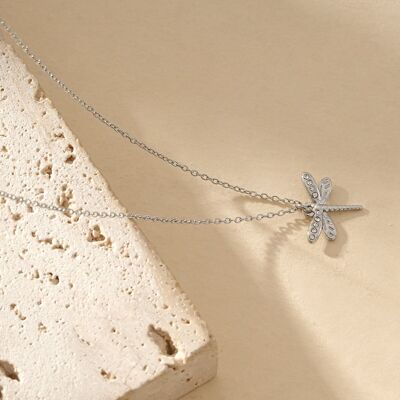 Collana a catena in argento con ciondolo a forma di libellula con strass