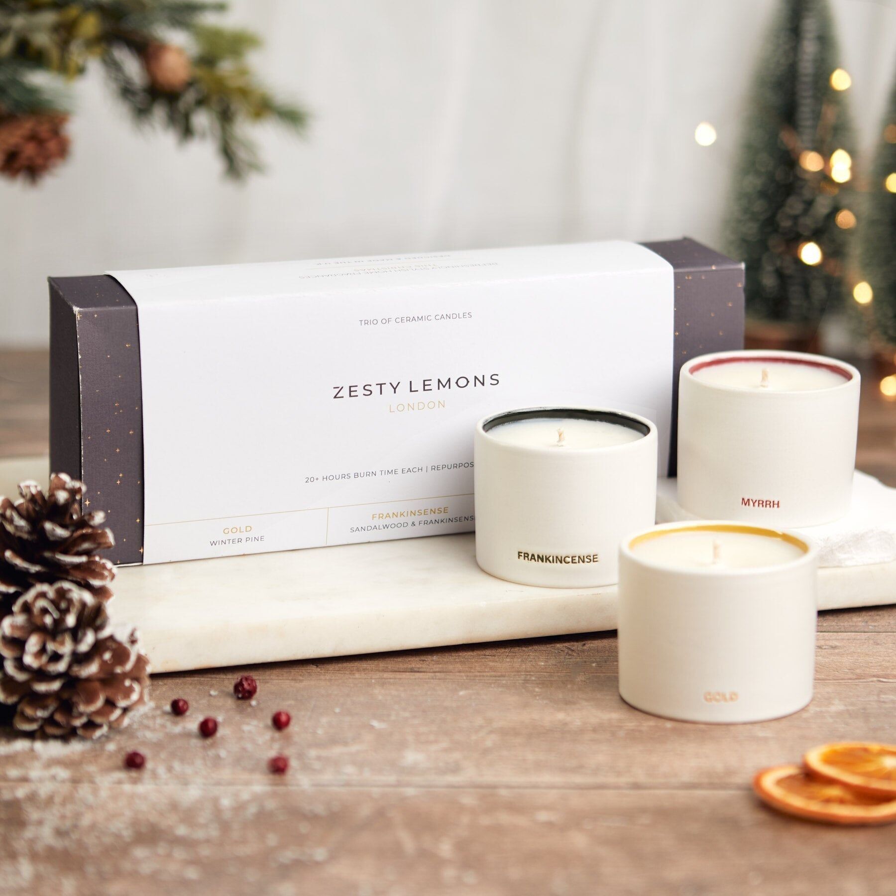 Trio di candele incenso e mirra d'oro