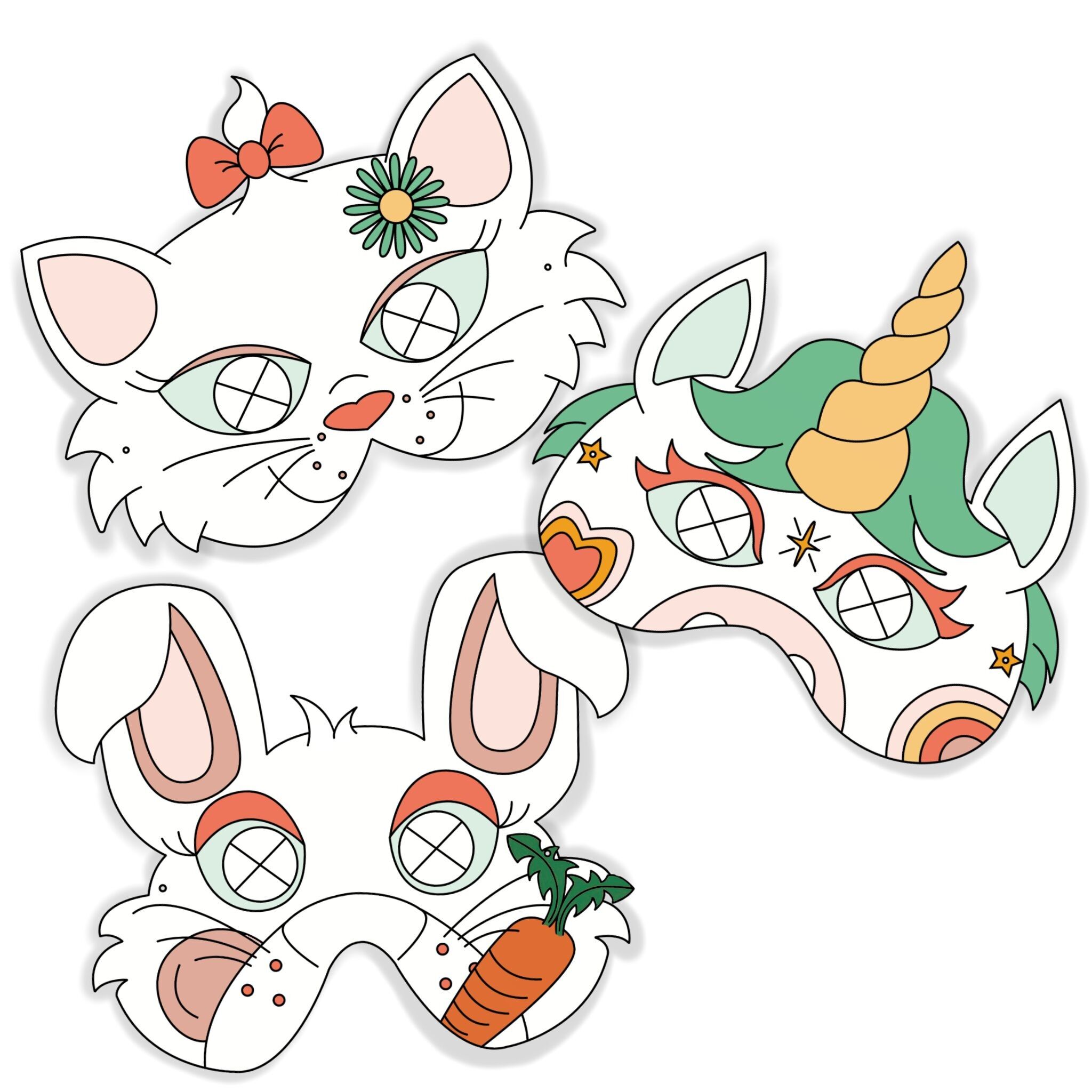 Mimi-Paket: 3 unendlich färbbare Masken für Kinder – Einhorn, Katze und Hase