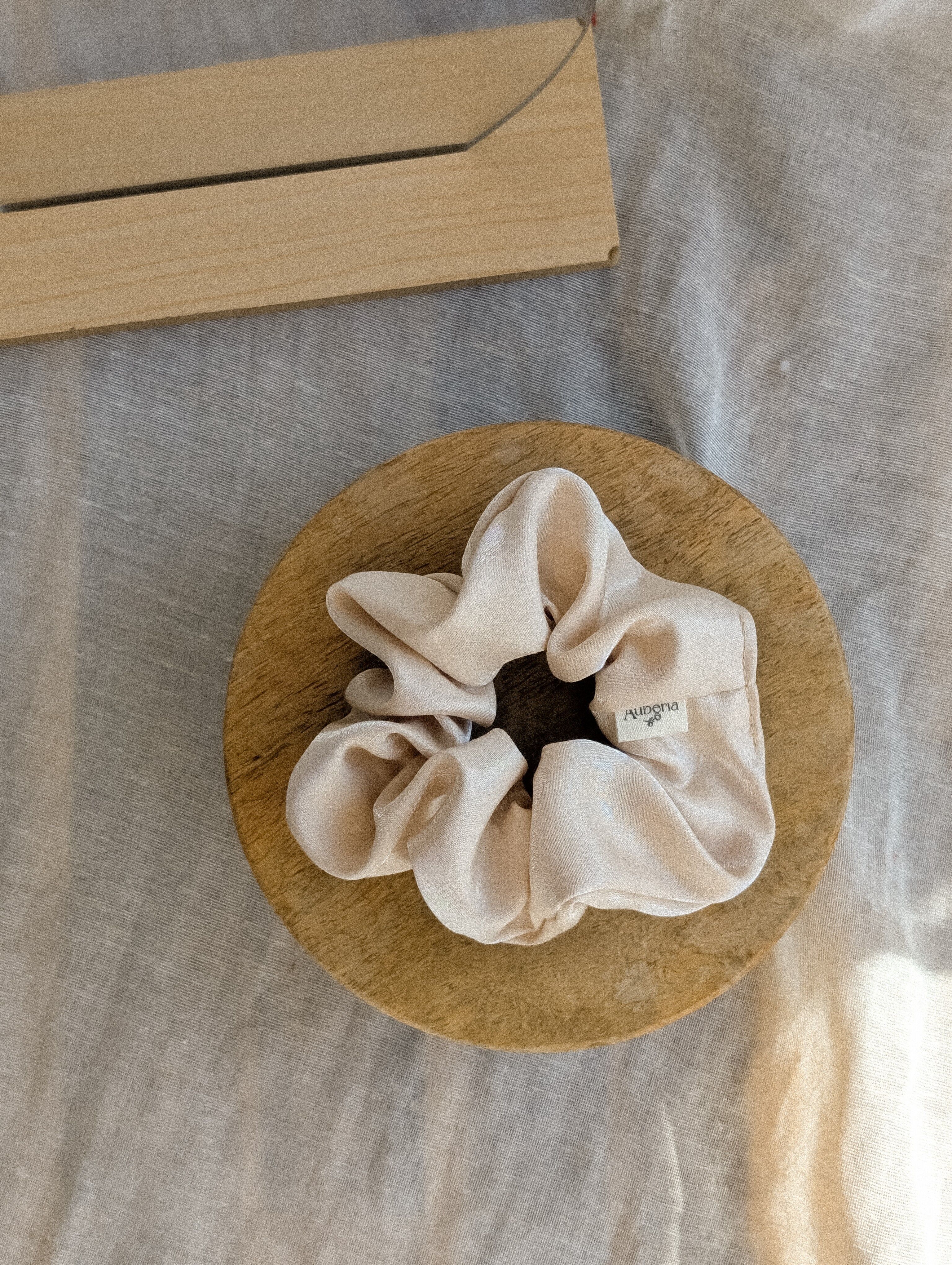Small - Beige satin scrunchie, upcycled fabric scrunchies, haute couture dormant stock