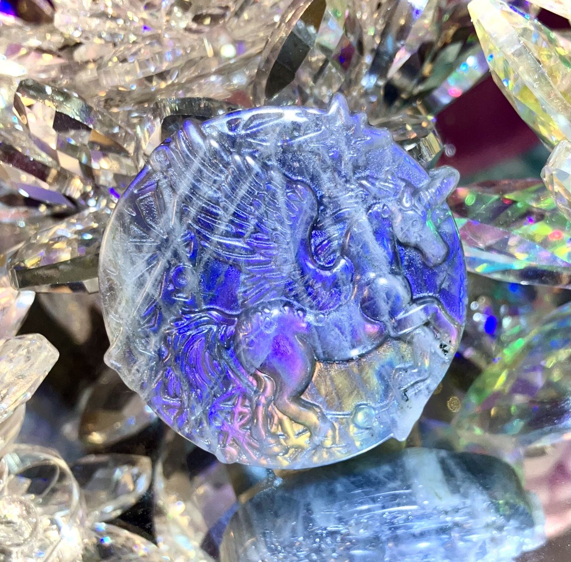 Licorne labradorite bleu vert violet Pierre statue talisman witch