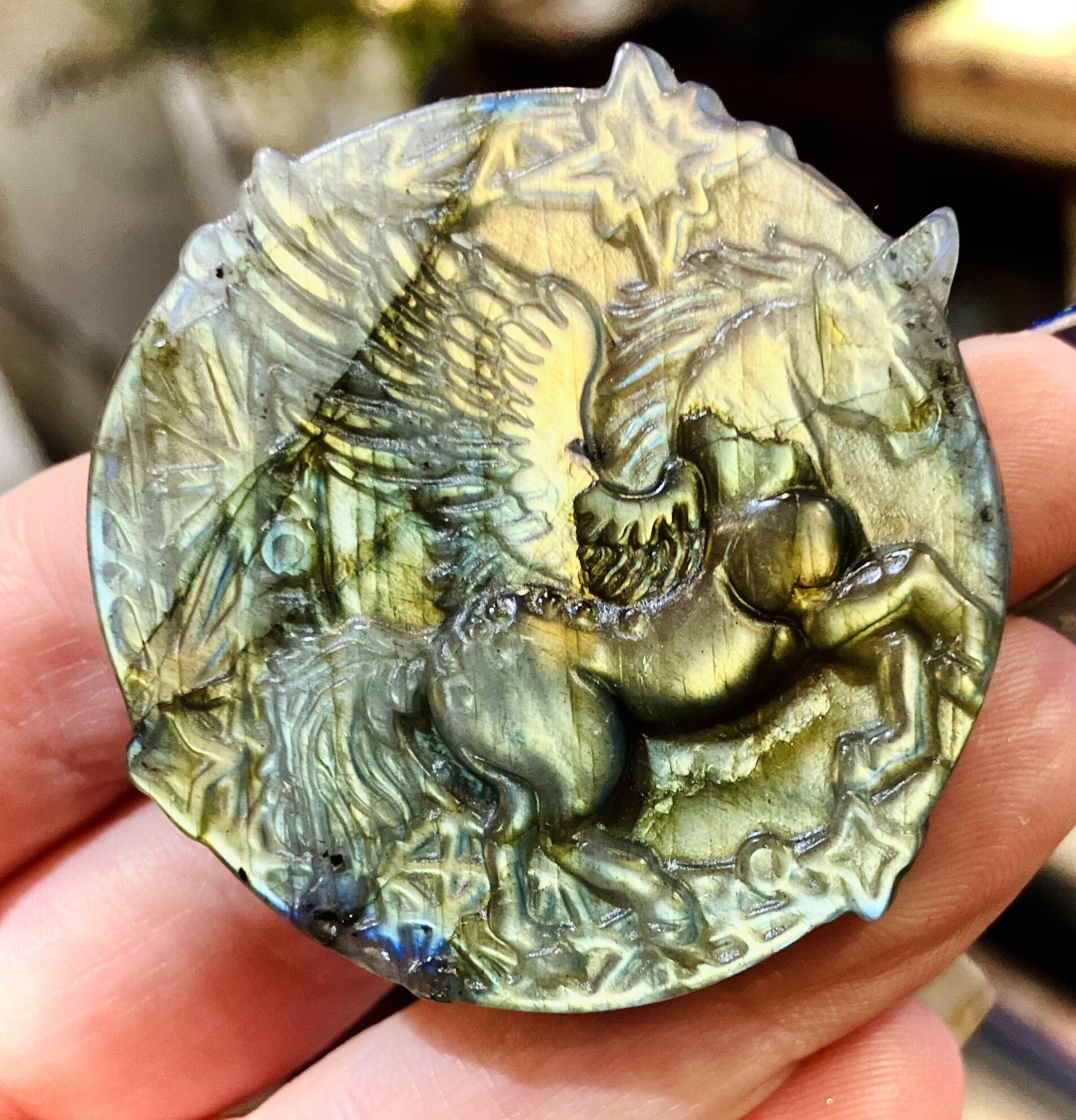 Licorne labradorite bleu vert violet Pierre statue talisman witch