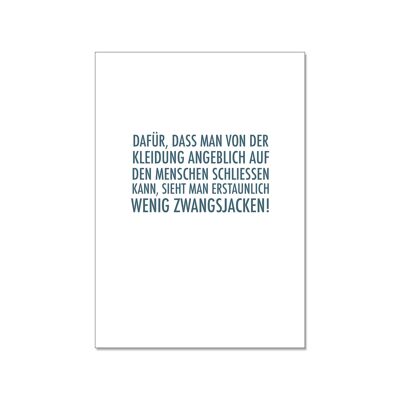 Postkarte hoch, DAFÜR, DASS MAN VON DER KLEIDUNG ANGEBLICH AUF DEN MENSCHEN SCHLIESSEN KANN