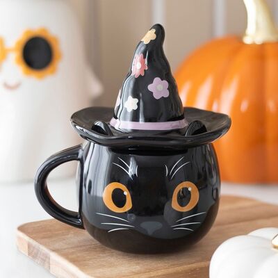 Taza con tapa con forma de gato y bruja Groovy