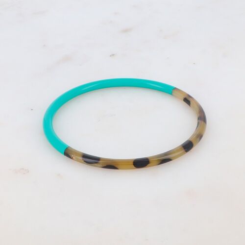 Jonc fin en corne de buffle laquée couleur turquoise et motif léopard - made in Vietnam