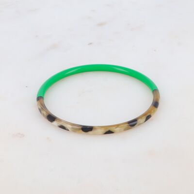 Jonc fin en corne de buffle laquée couleur vert et motif léopard - made in Vietnam