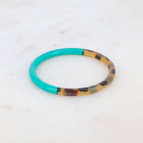 Jonc en corne de buffle laquée couleur turquoise et motif léopard - made in Vietnam