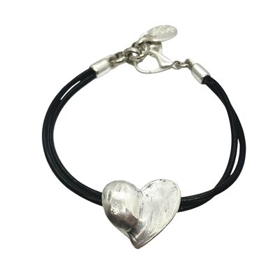 Bracelet coeur en cuir noir plaqué argent
